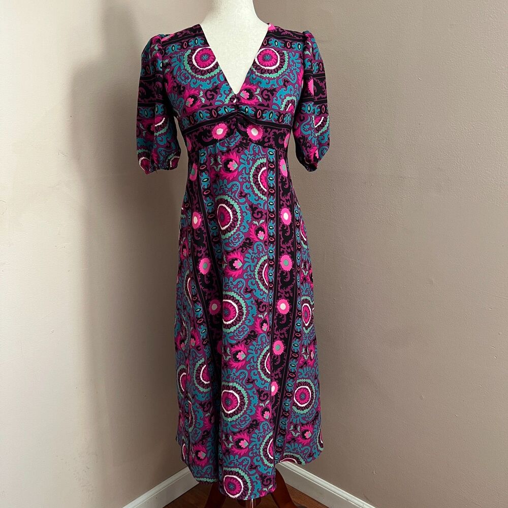 Donna Morgan Floral Midi Dress Ruched 3/4 Sleeve Empire Waist Boho Romantic Sz 0